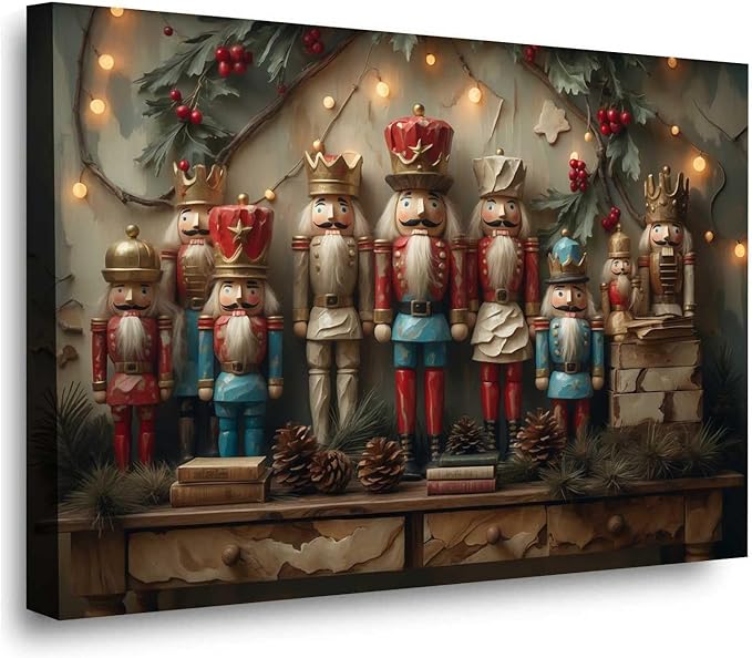 Christmas Nutcracker Vintage Wall Art Print Dark Academia Holiday Poster Winter Christmas Holiday Decor Gold Nutcracker Oil Painting Scene Indoor Decor for Offices Living Room Framed Ready to Hang