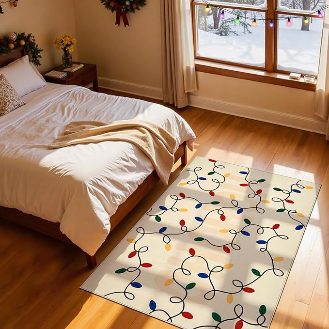 jinchan Jingle Lights Christmas Rug 4x6 for Living Room Bedroom Beige Holiday Decorative Rug for Dining Room Foyer Colored String Lights Printed Xmas Decor Washable Non Slip Floor Carpet