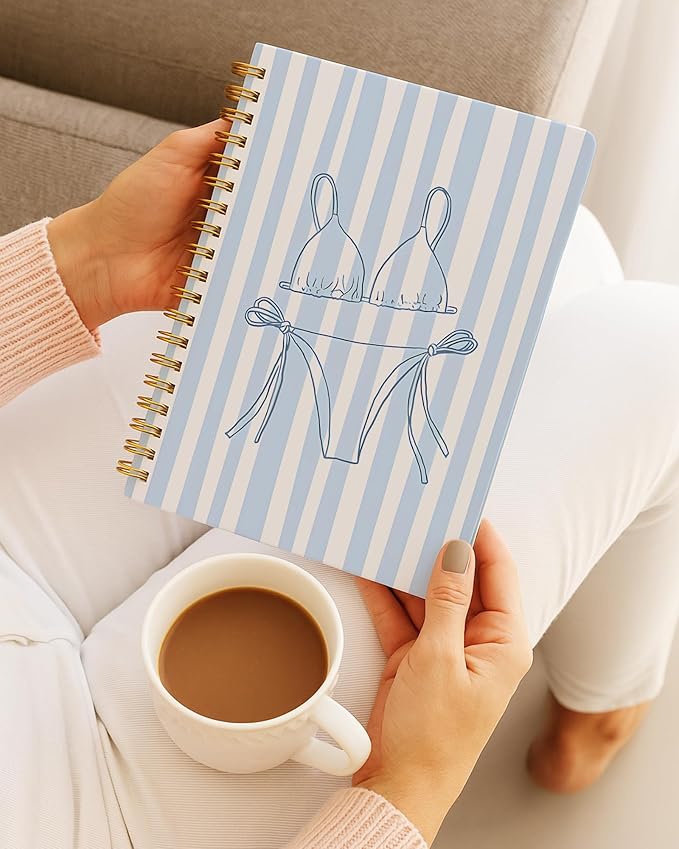 Girly Beach Notebook, Preppy Blue Striped Coastal Journal, Trendy Ocean Journal for Writing, Beach Lover Gifts for Women, Aesthetic Beachy Spiral Notebook, 5.5x8.3 Inch 555