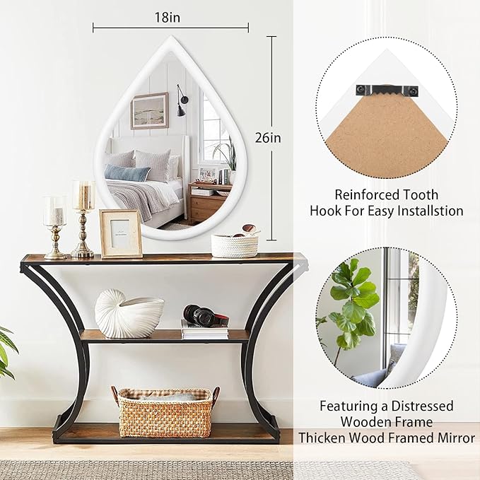 White Vintage Mirror Teardrop Wall Hanging Mirror Wood Frame 26 X 18 Inch Wall Mirrors Decorative for Entryway Living Room Bathroom Hallway Home Decor