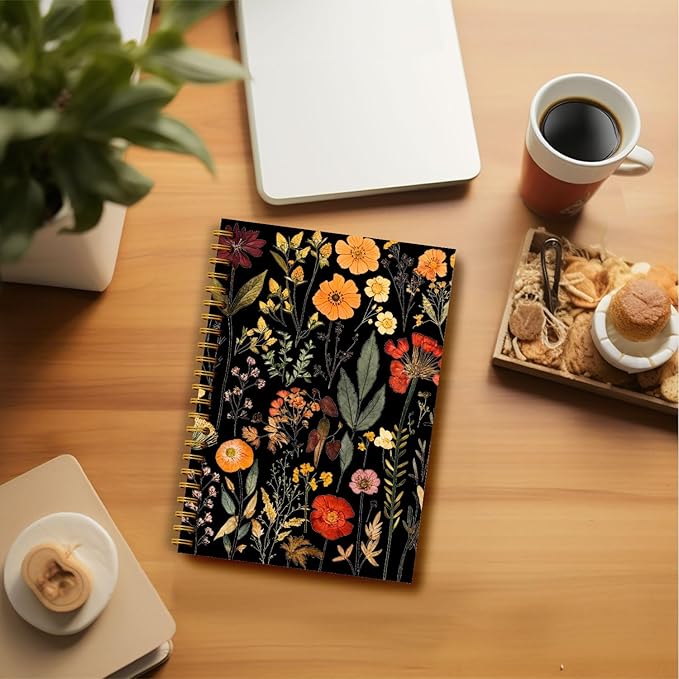 Vintage Boho Floral Botanical Notebook Journal, Watercolor Wildflower Dark Floral Notebooks for Women, Plant Journal, Aesthetic Notebooks, Spiral Notebook Journal 5.5x8.3 Inch