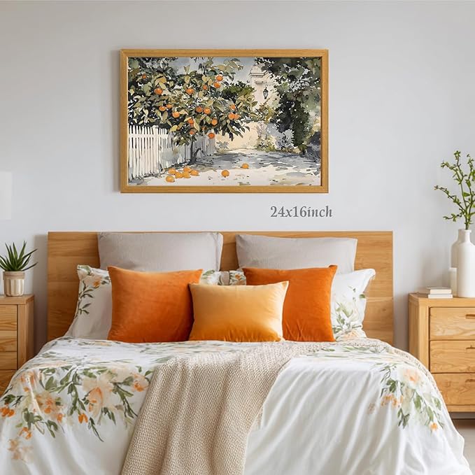 LLEEMPI Orange Tree Wall Art, Country Botanical Wall Decor, Vintage Fruit Canvas Painting, Rustic Farmhouse Poster Print for Kitchen Bathroom Bedroom Living Room Office Wood Framed 12x16 Inch