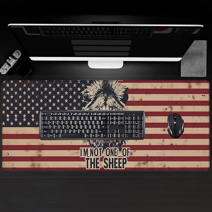 Cool Lion Large Gaming Desk Mat,Rubber Non-Slip American Flag Mouse Pad,31.5x11.8x0.12in Extended Powerful Patriotic Mousepad,Game Lover Mice Pads Gifts,Office Home Deskmat Decor