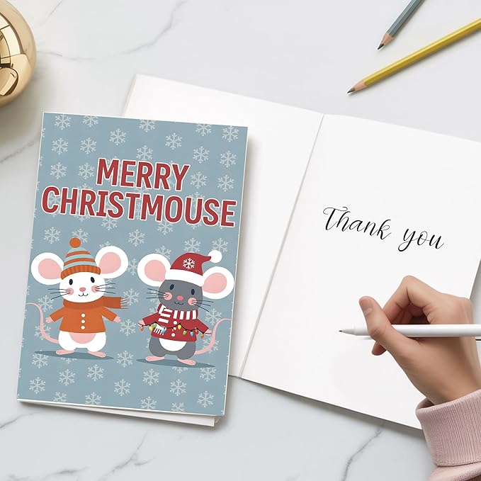 (5.3x8in) Merry Christmouse Card with Envelope, Cute Funny Christmas Mouse Greeting, Adorable Winter Holiday Card with Cartoon Mice Design for Friends, Family, and Kids (Xmas 25)