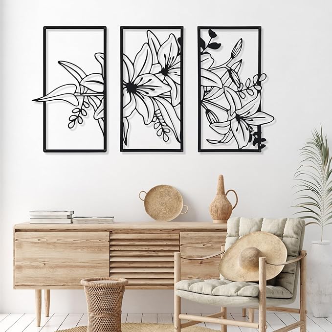 Therwen 3 Pcs Black Metal Wall Art Minimalist Wall Decor for Bedroom Flowers Decor Hanging Flower Bathroom Art Flower Line Sculpture Kitchen Decoration 16.5 x 9.8 Inch(Classic Style)
