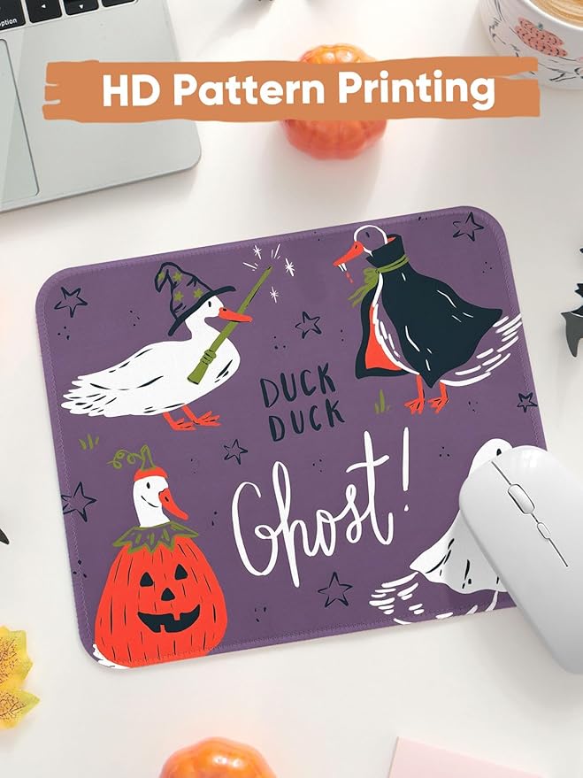 Seorsok Halloween Funny Duck Mouse Mat,Pumpkin Decor Mouse Pads for Office Laptop,Washable Square Mousepads with Extended Stitched Edges Non Slip Rubber Base 9.5"x7.8"x0.12" Inch,Purple