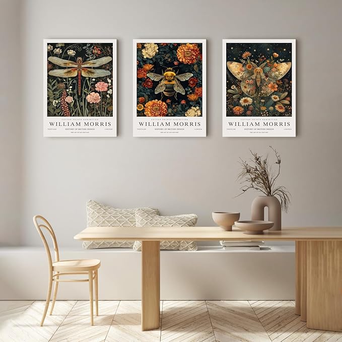 Hianan William Morris Animal Botanical Inspired Canvas Wall Art, Vintage Dragonfly Bee Butterfly Poster Prints, Maximalist Nature Flower Aesthetic Pictures for Living Room Bedroom Framed 12"x16"x3
