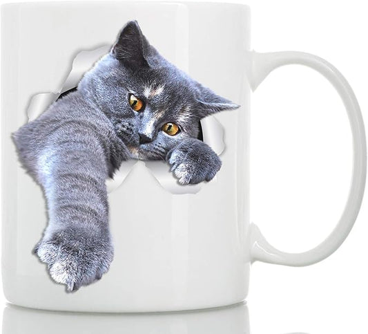 Winston & Bear Playing Grey Cat Mug - Gray Cat Ceramic Coffee Mug - Perfect Grey Cat Gifts - Funny Playing Grey Cat Coffee Mug for Cat Lovers (15oz)