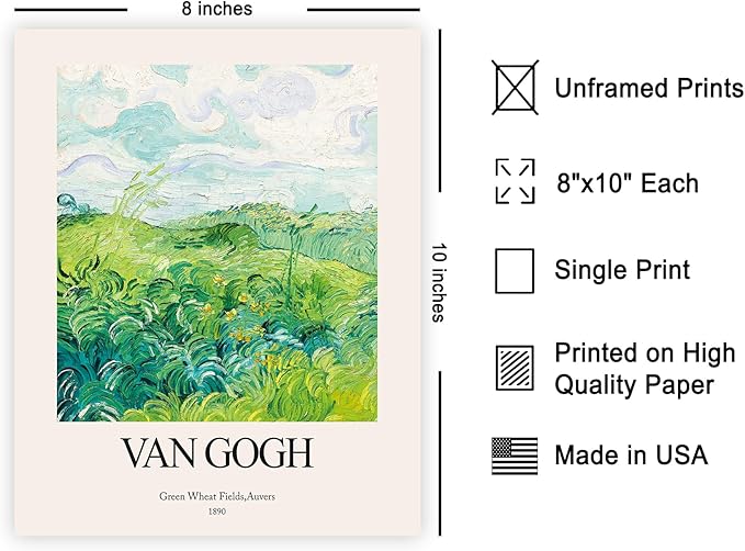 Monem Art Vintage Green Wheat Fields Print - Retro Van Gogh Poster - Impressionism Art - Gift for Men & Women - Classic Decor for Bedroom, Living Room or Dorm - 8x10 UNFRAMED Wall Art