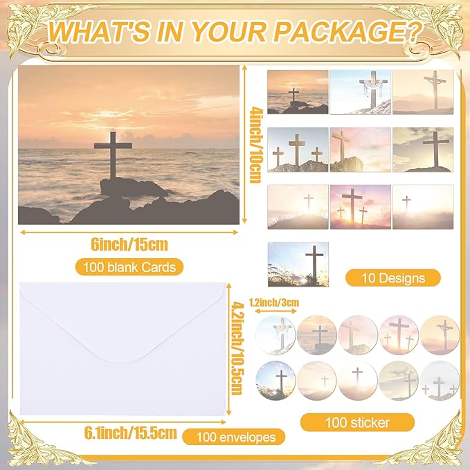 100 Pcs Blank Greeting Cards 4x6, Religious Stationery with Cross Design, 10 Designs, Ideal Stationary Set for All Occasions, Note Cards with Matching White Envelopes and Stickers