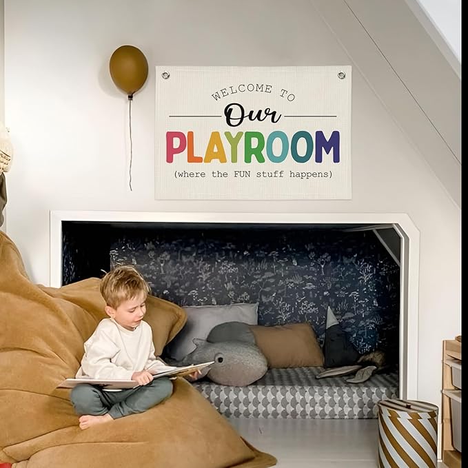 Playroom Wall Decor, Kids Room Decor Canvas Banner Wall Hanging Flag, Welcome To Our Playroom Banner, Classroom Decorations