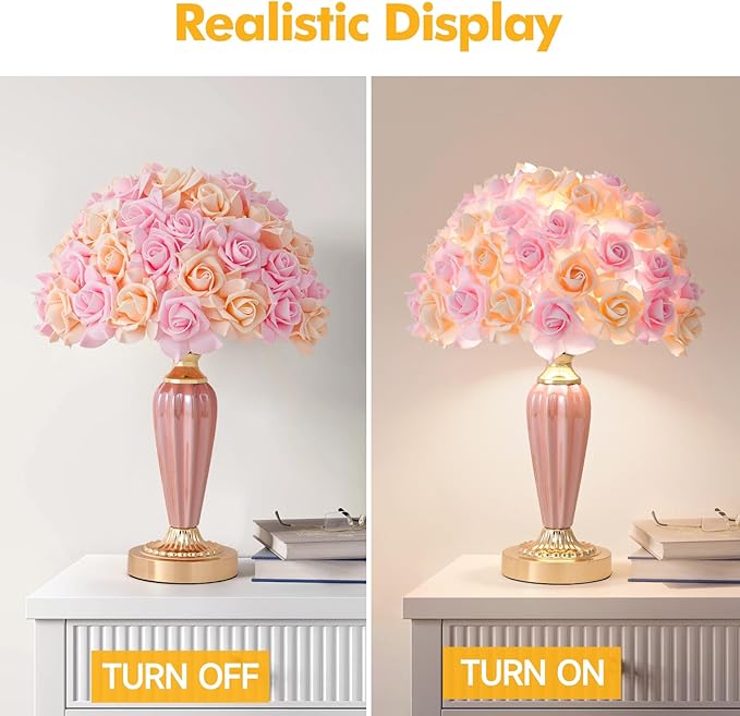 Pink Flowers Lamp Beautiful Yellow Flower Bedside Lamp Nordic Nightstand Light Romantic Rose Bouquet Table Lamp for Wedding Girl Bedroom Valentines Dating Living Room Office Christmas