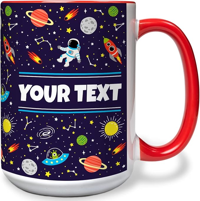 Personalized Mug for Kids - Outer Space - Custom Name/Text, Ceramic Hot Chocolate/Cocoa/Coffee Cup for Boys/Girls, Birthday/Christmas/Holiday Gift - 15 oz, White Handle