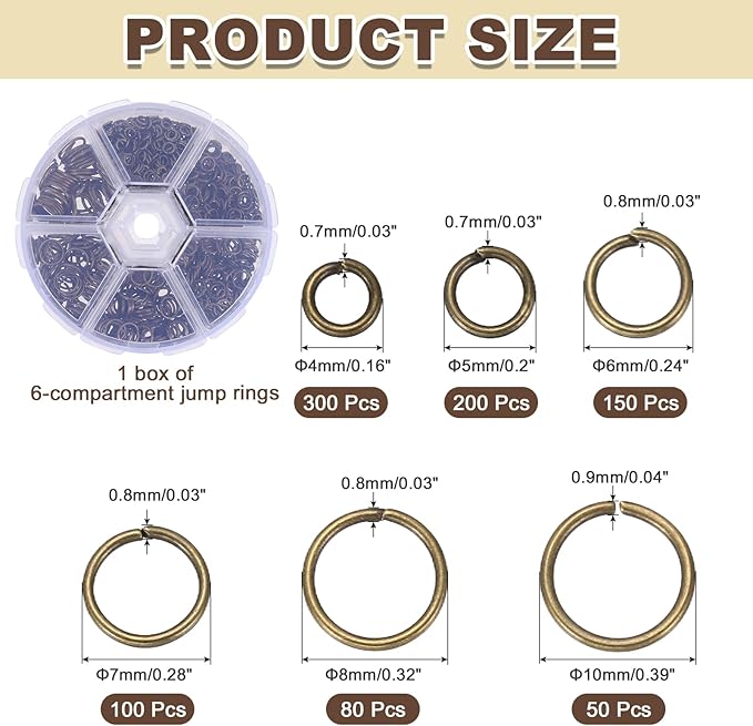 MECCANIXITY Jump Rings for Jewelry Making, 6 Sizes Alloy Open Jump Rings for Keychains Earings DIY Craft(Bronze, 880Pcs)