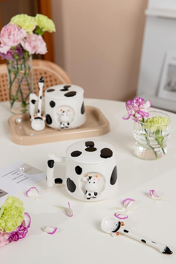 DIHOclub Adorable 3D Ceramic Cow Mug with Lid and Spoon - Perfect for Coffee, Tea, Milk, and More - Ideal Gift for Animal Lovers Gift for Mather- 14 Ounces(BLack white)