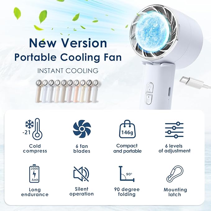 Mini Portable Fan Cooler Handheld 3 Speed Personal Small Desk Fan with Base Stand TypeC Powerful Handheld Fan Rechargeable Suitable Gifts for Women Men Travel/Camping/Outdoor