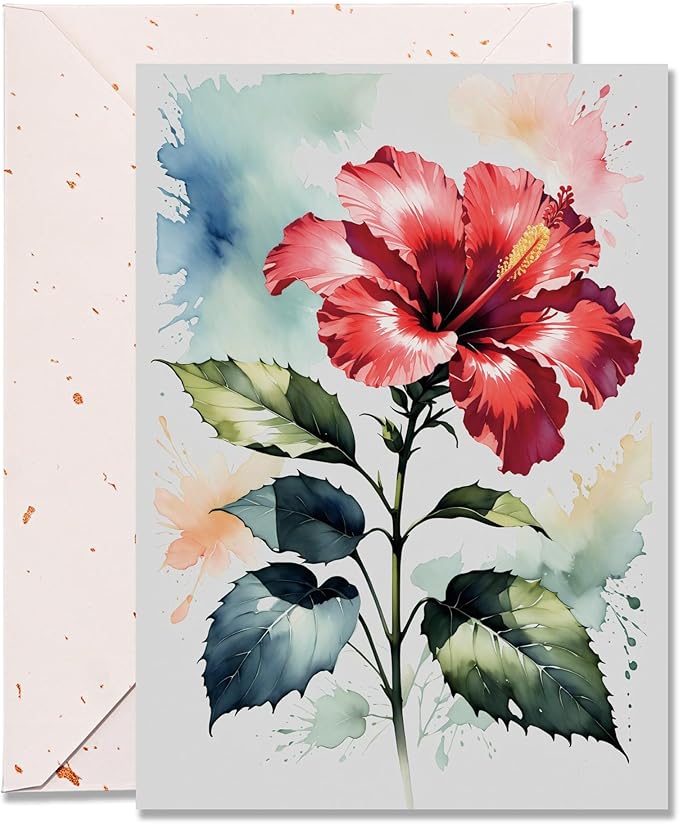Elegant Blank Inside Greeting Card with Envelope, 5x7 Inch Watercolor Hibiscus Card – All Occasion, Birthday, Sympathy, Thank You - Single Card