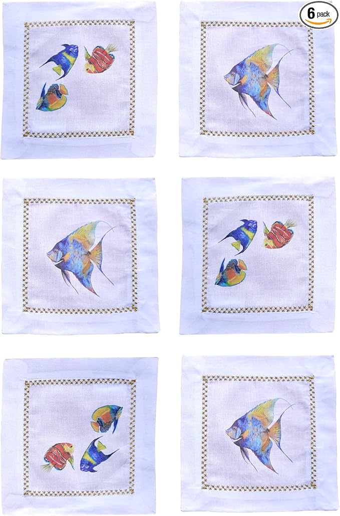 Cocktail Napkins Set of 6, 6x6 inch, 100% Pure Cotton, Printed Animal Pattern, Reusable & Washable Cloth Coasters for Beverages, Hosting, Gifting & Everyday Use (Blue Fish)