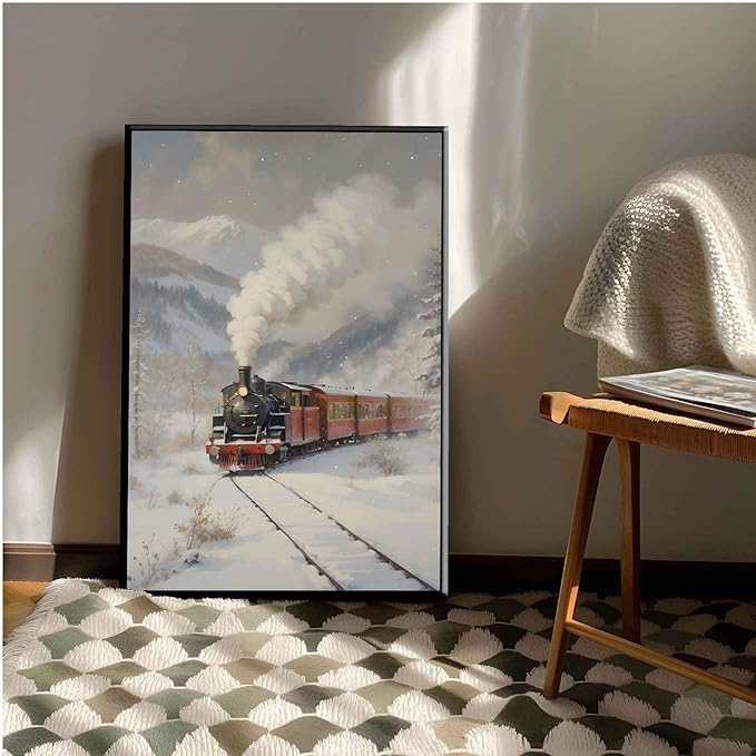 Framed Canvas Wall Art Christmas Print Train Painting Winter Scenery Landscape Snowy Railroad Wall Art Moody Christmas Decor 16x24in Metal blackFramed