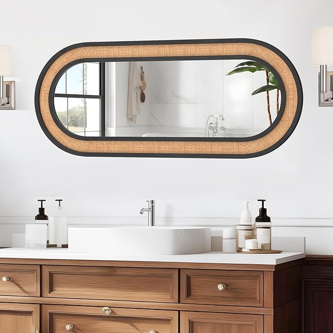 Rattan Wall Mirror with Wooden Framed Black Oval Bathroom Mirror 20 X 48 inch Farmhouse Wood Mirror for Modern Decorative Bathroom, Living Room, Entryway, Bedroom