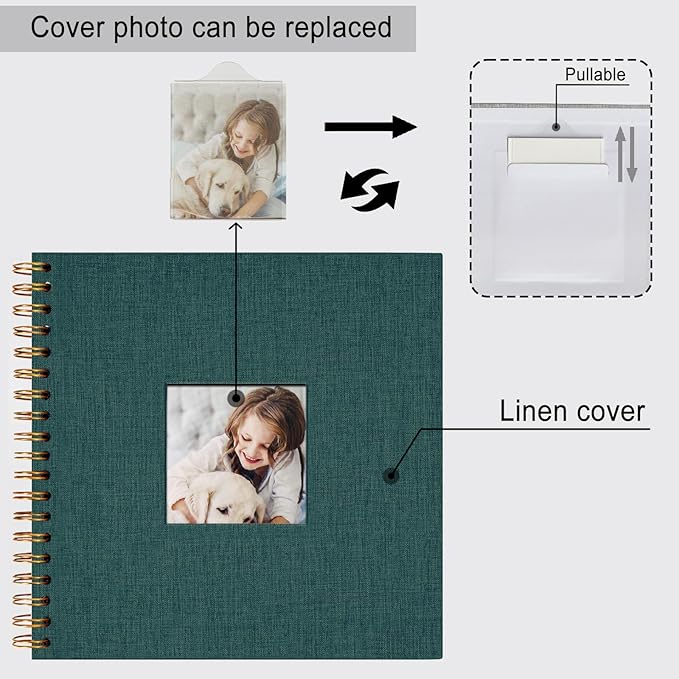 10 x 10 Inch Scrapbook Photo Album, DIY Memory Book Linen Cover for Photos, Hardcover Kraft White Pages Scrap Book Photo Albums for Travel, Wedding Anniversary Family Christmas Baby 40 Pages, Green