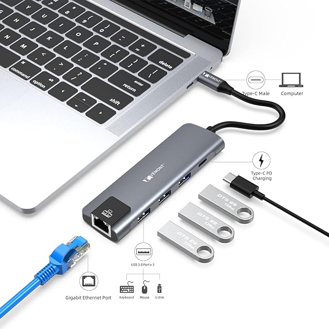 VEMONT 5 in1 USB C hub, Type-c multiport Adapter with Gigabit Ethernet, 3 USB 3.0 hub for Data, 100W Power Delivery, USB hub for Laptop MacBook or ipad, and Other USB C Devices