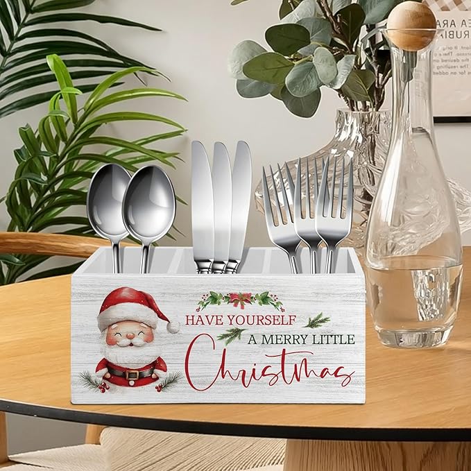 Christmas Santa Pen Pencil Holder Organizer for Desk Accessories, Winter Xmas Santa Claus Holiday Wooden Box Sign Desk Decor for Home Office Decoration, Christmas Office Decor