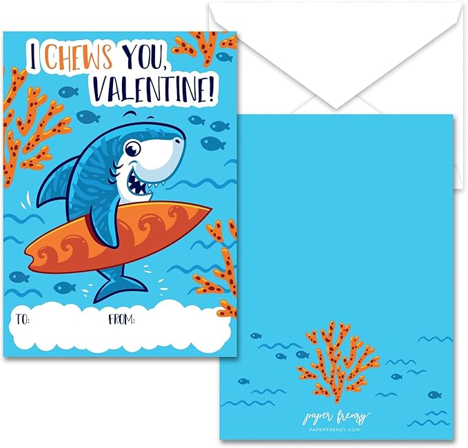 Paper Frenzy Shark Themed Valentines - 25 pack WITH ENVELOPES
