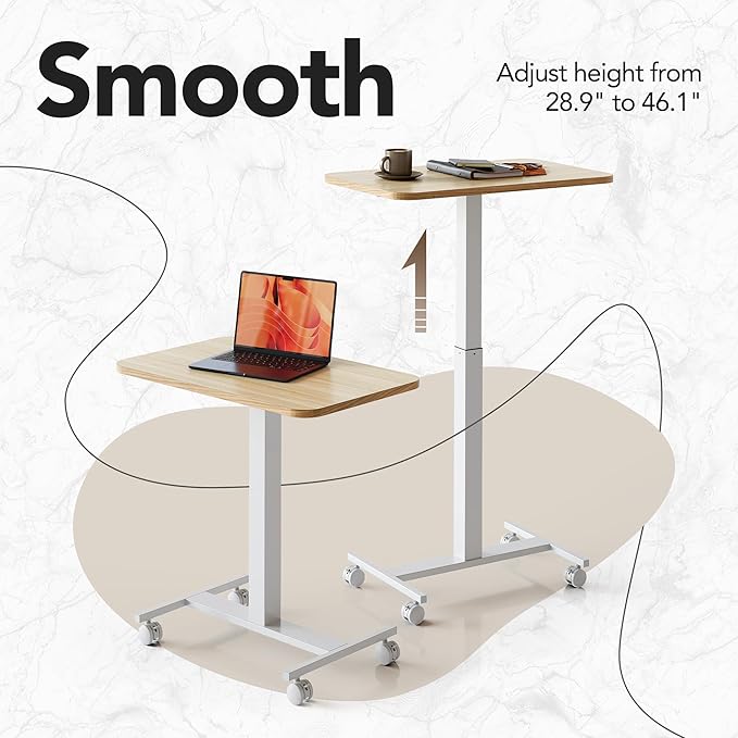 HUANUO Small Rolling Laptop Standing Desk, Height Adjustable Mobile T-Base Desk with Lockable Casters, Portable Sit-Stand Workstation for Bedside & Sofa, Light Walunt