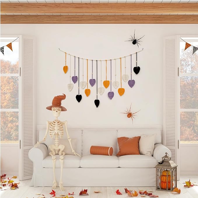 LB Fall Large Macrame Wall Hanging, Black Chic Feather with Wood Beads Boho Woven Tapestry Wall Hanging Macrame Wall Decor Handmade Purple Leaf Wall Art for Living Room Bedroom Nursery,47x30 Inch