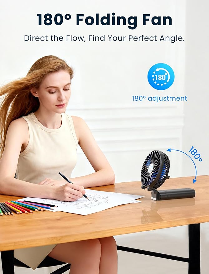 HandFan 5200mAh Portable Handheld Fan Rechargeable with Power Bank-3 Speeds Foldable Personal Cooling, 2-IN-1 Hand Held Fan Battery Operated, 20H Runtime for Travel/Summer/Concerts/Women (Black&Blue)