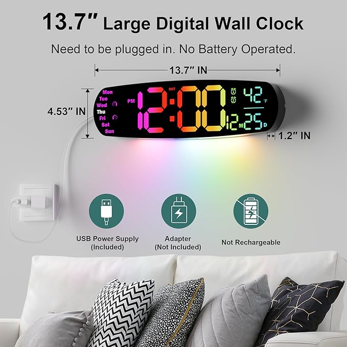 13.7" Digital Wall Clock Desk Clocks with Temperature, 11 RGB Colors, Night Lights, Alarms, Auto Dimming, Timer, DST, Remote Control, Digital Clock for Classroom Livingroom Gym Gaming, Gift for Senior