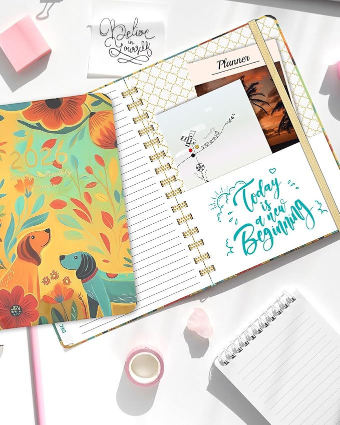 2026 Weekly and Monthly Planner - 2026 Hardcover Calendar Planner, Jan. 2026 - Dec. 2026, Daily Agenda Book with Tabs, Twin-Wire Binding, Back Pocket, School Teacher Student Supplies, A5(6.3" x 8.5") (Dog)