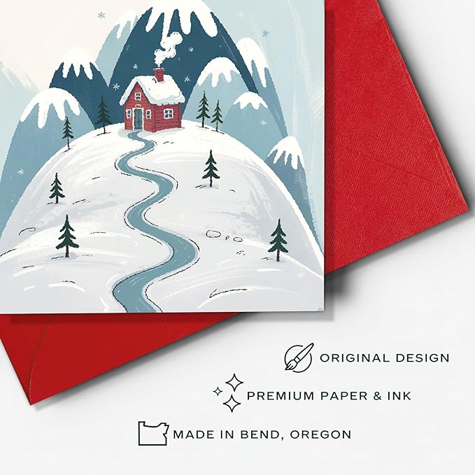 (5.3x8in) Merry Christmas and a Happy New Year Card, Cozy Winter Cabin in Snowy Mountain Design, Classic Holiday Greeting for Family, Friends, Coworkers, or Neighbors Card with Envelope (Xmas New)
