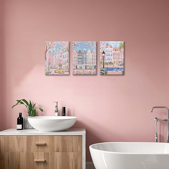 XLARTMY Watercolor City Landscape Travel Wall Art Canvas Framed Pink Cherry Flower Poster Girly Prints Painting Pictures Set of 3 for Bedroom Living Room Office 12x16in