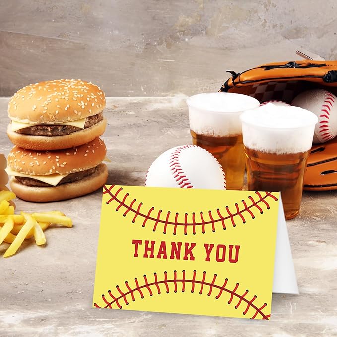 Whaline 24 Pack Softball Thank You Cards Greeting Cards Red Black Yellow Sports Theme Blank Note Card with Envelopes Stickers for Sports Fans Game Party Birthday, 4 x 6 Inch
