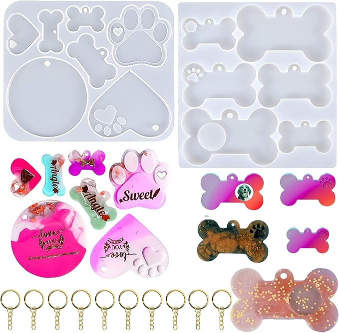 Pet Tag Resin Molds, SAGOOITS Silicone Mold for Resin Casting Pet Collar Tags, Silicone Mold Set with 10 Keychains, DIY Keychain Pendant Charm Crafts-Make Dog Cat Name Tags
