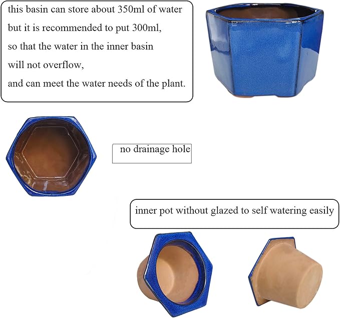 African Violet Pots 6 inch Hexagon Self-Watering Ceramic Violet Pots 4.50'' Opening (Blue)
