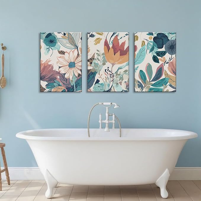 TUEASKY 3 Piece Botanical Canvas Wall Art Neutral Floral Wall Art Modern Minimalist Flower Decor Wildflower Prints for Living Room Bedroom Office 16x24in Framed