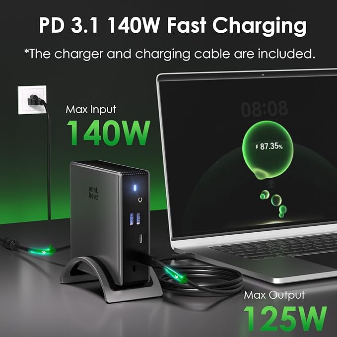 USB C Docking Station Minthouz Laptop Docking Station 3 Monitors with 4K@144Hz 2* DP +HDMI 140WPD Charger, 10Gbps USB A/C Ports, Gigabit Ethernet, Audio/Mic USB C Hub for MacBook,Dell,HP,Surface