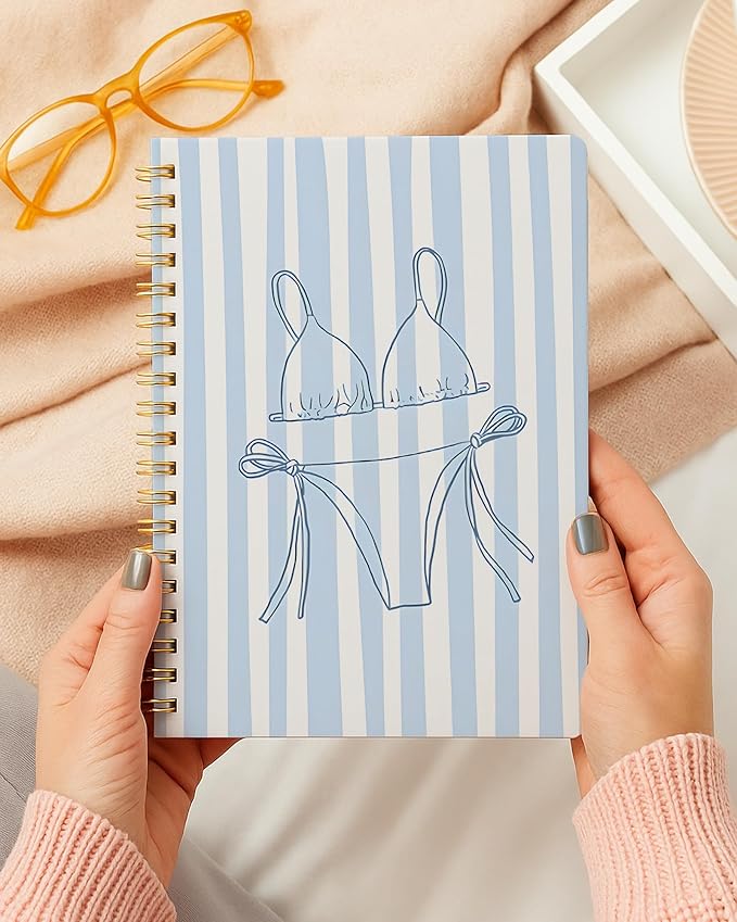 Girly Beach Notebook, Preppy Blue Striped Coastal Journal, Trendy Ocean Journal for Writing, Beach Lover Gifts for Women, Aesthetic Beachy Spiral Notebook, 5.5x8.3 Inch 555