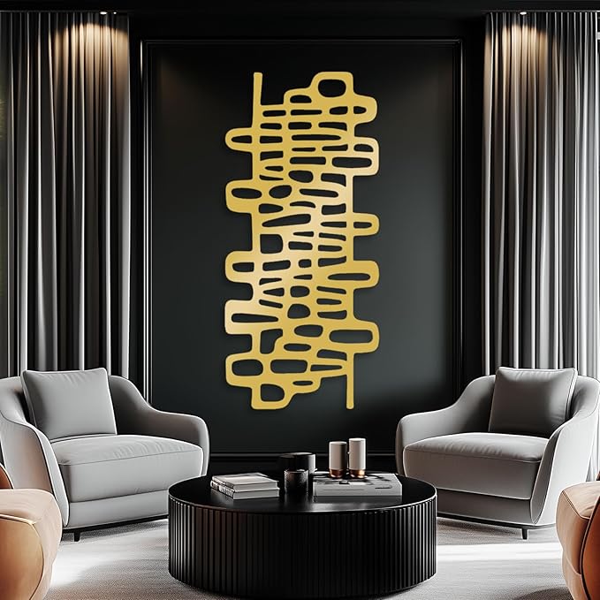 Abstract Geometric Metal Wall Art, Modern Circles Metal Decor, Minimalist Line Art, Long Narrow Sign, Luxury Modern Artwork for Living Room, Farmhouse, Office (Black, 35"x16" | 90x41cm)