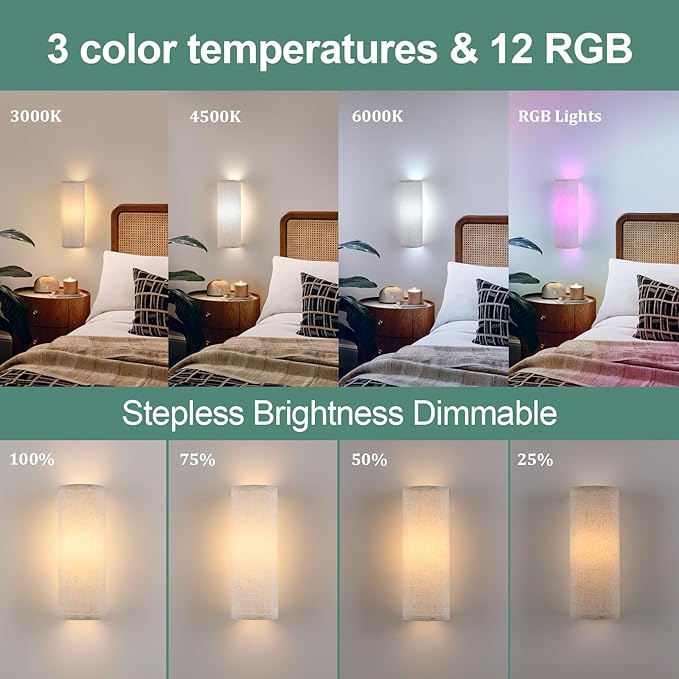 Adhesive Battery Operated Wall Sconce Set of 2, 5000 mAh Battery Rechargeable Bulb with 12 RGB Colors, Stick on Wall Sconce No Drill Wall Lights, Linen