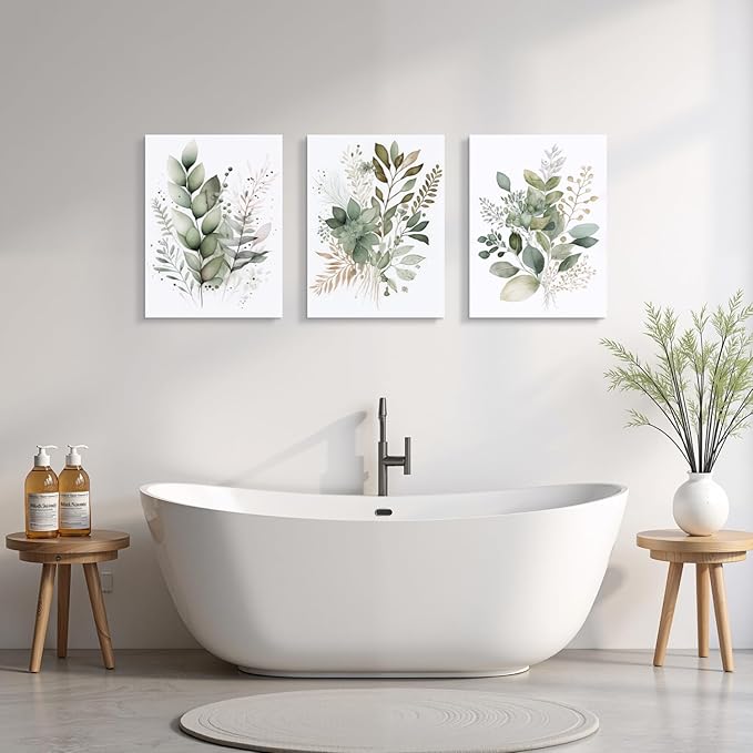 HLXRAE Framed Watercolor Botanical Wall Art Set of 3, Neutral Sage Green Bathroom Wall Decor, Modern Floral Canvas Paintings, Minimalist Farmhouse Poster Prints for Bedroom Living Room 12x16 Inch
