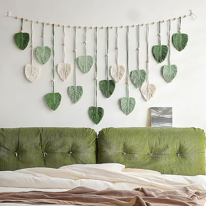 Avoik Macrame Woven Wall Hanging Tapestry Boho Chic Home Decor Woven Green Leaf Large Tapestry Wall Art Decor Handmade Feather for Bedroom Living Room Apartment Hanging Decorations, 47x29 inch