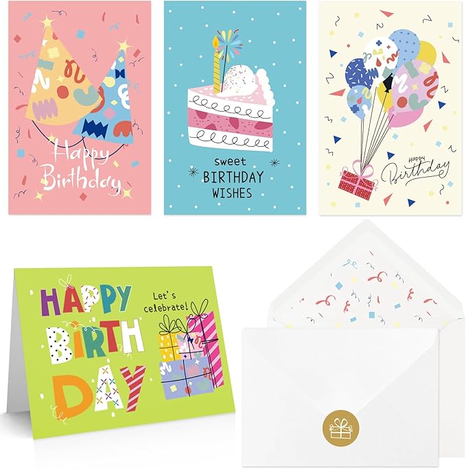 Happy Birthday Cards Bulk with Envelopes, 40 Pack 4x6 Birthday Greeting Cards Assorted with Stickers, Inside Blank Cards for Women, Men, and Kids, Work and Office Celebrations