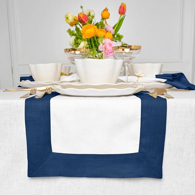 Solino Home Linen Table Runner 108 Inches Long - Indigo Blue and White 100% Pure Linen 14 x 108 Inch Table Runner for Dining, Winter - Contempo