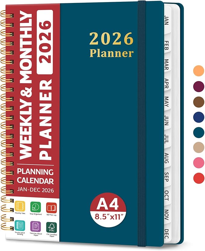 2026 Planner, Weekly and Monthly Calendar Planner for Women, Jan 2026 - Dec 2026, Hardcover Planning Agenda book with Tabs, Spiral Bound, Inner Pocket, Perfect for School Office Supplies, 8.5" x 11" - Pine Emerald