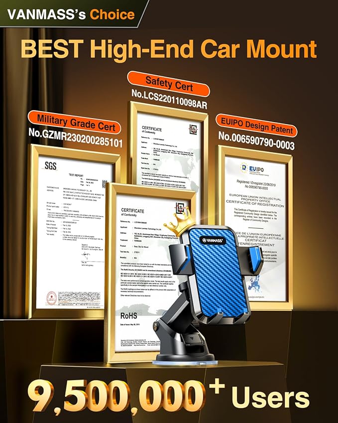 VANMASS 【85+LBS Strongest Suction & Military-Grade 2025 Ultimate Car Phone Mount【Patent Safety Certs】 Cell Phone Holder Truck Stand Dashboard Windshield Vent for iPhone 16 15 Pro Max 14 Samsung, Blue