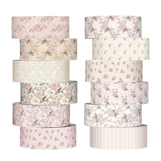 12 Rolls Watercolor Floral Washi Tape Set 15 mm Vintage Dusty Pink Decorative Masking Tape for Arts DIY Craft Scrapbook Envelope Party Supplies Gift Wrapping